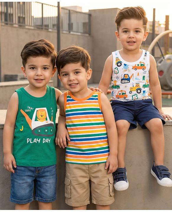 Babyhug 100% Cotton Knit Sandos with Vehicle Print & Stripes Pack of 3 - Multicolor