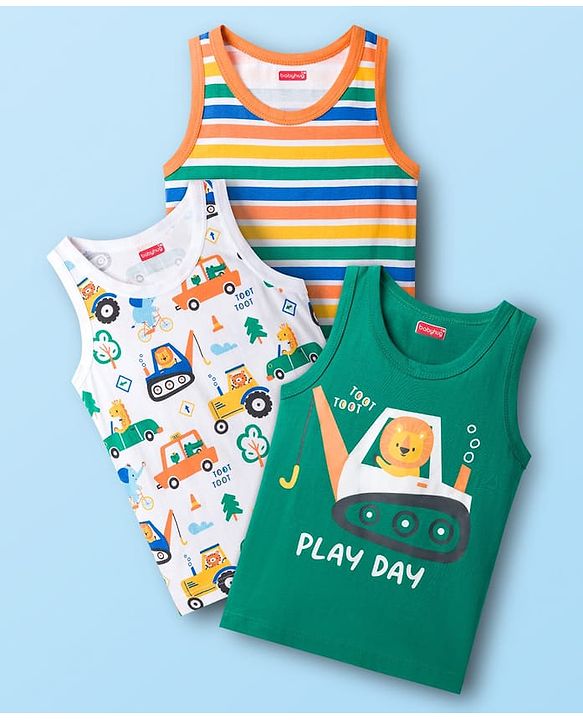 Babyhug 100% Cotton Knit Sandos with Vehicle Print & Stripes Pack of 3 - Multicolor