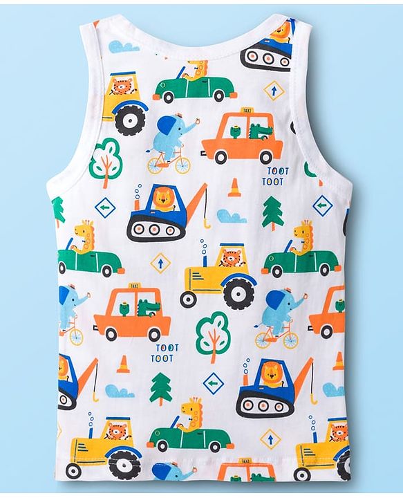 Babyhug 100% Cotton Knit Sandos with Vehicle Print & Stripes Pack of 3 - Multicolor