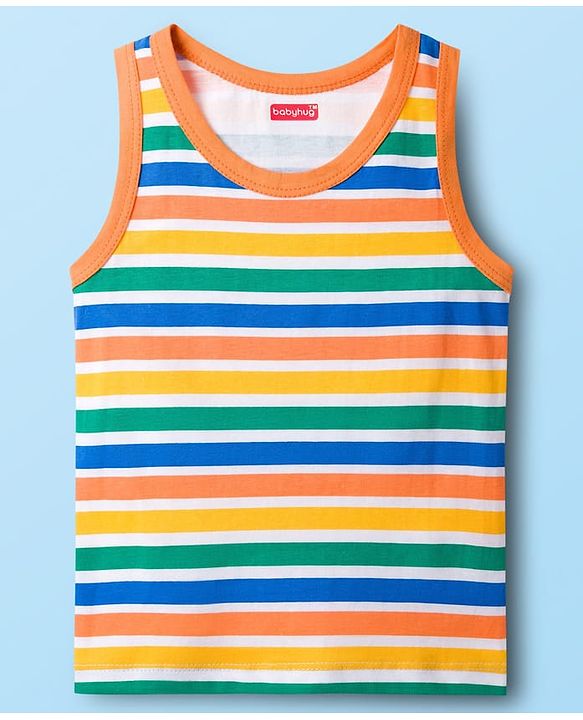 Babyhug 100% Cotton Knit Sandos with Vehicle Print & Stripes Pack of 3 - Multicolor