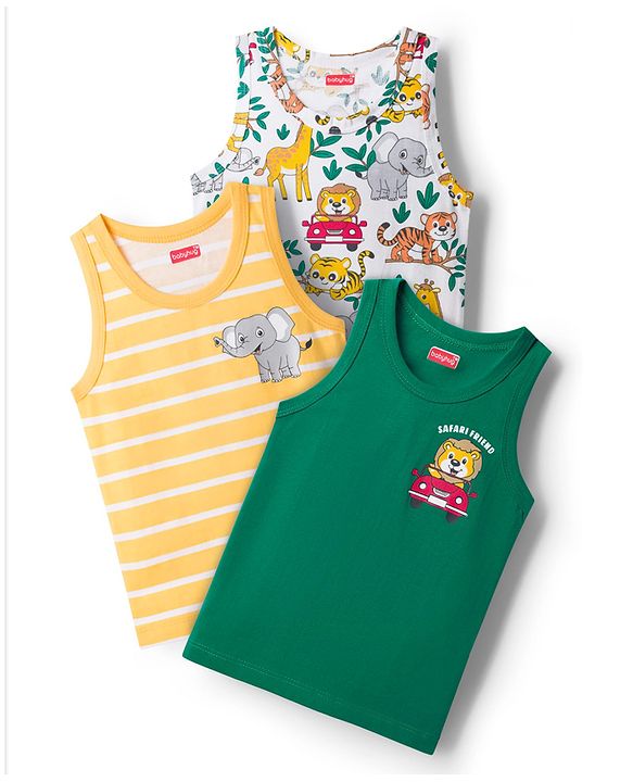 Babyhug 100% Cotton Knit Sandos with Jungle Theme Print & Stripes Pack of 3 - Multicolor