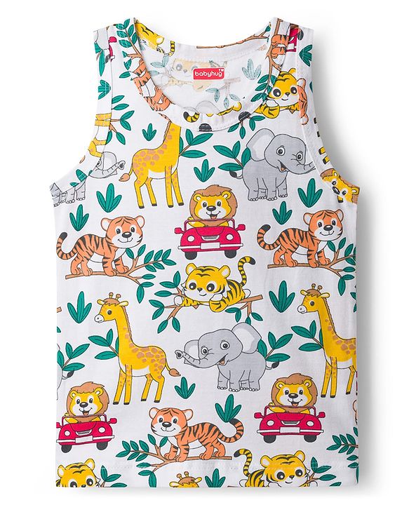 Babyhug 100% Cotton Knit Sandos with Jungle Theme Print & Stripes Pack of 3 - Multicolor