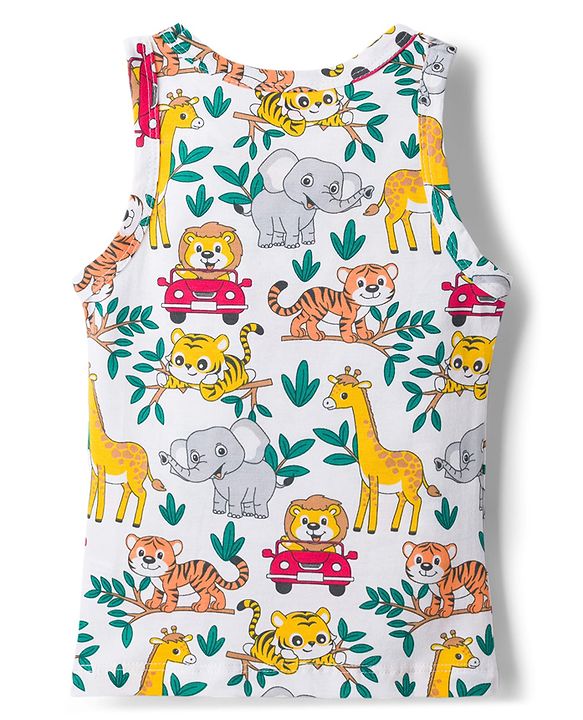 Babyhug 100% Cotton Knit Sandos with Jungle Theme Print & Stripes Pack of 3 - Multicolor