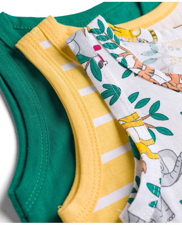 Babyhug 100% Cotton Knit Sandos with Jungle Theme Print & Stripes Pack of 3 - Multicolor