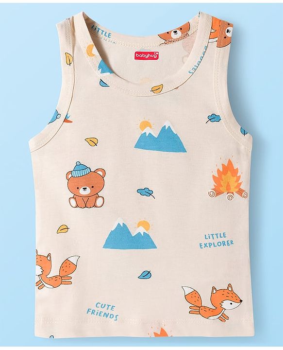 Babyhug 100% Cotton Knit Sleeveless Striped & Bear Printed   Sando Pack of 3 - Multicolor