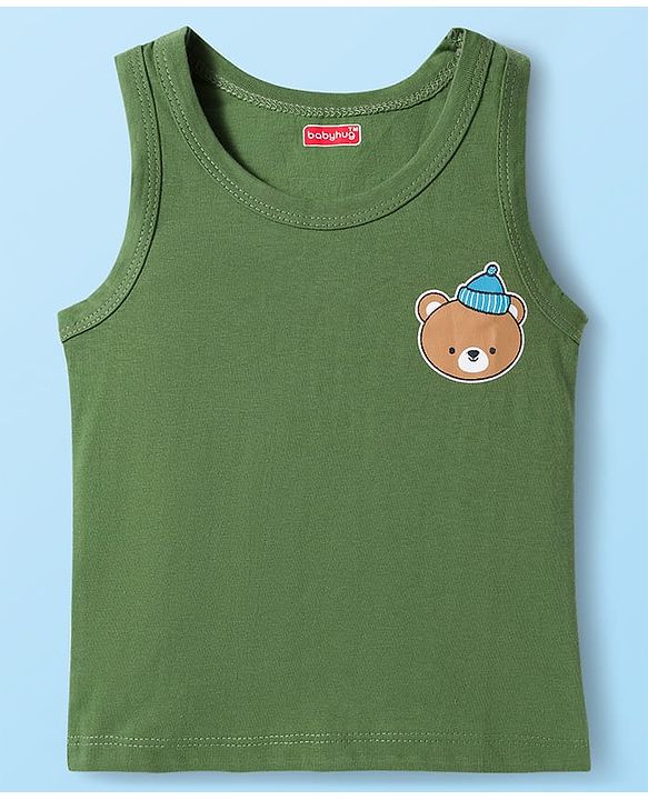 Babyhug 100% Cotton Knit Sleeveless Striped & Bear Printed   Sando Pack of 3 - Multicolor