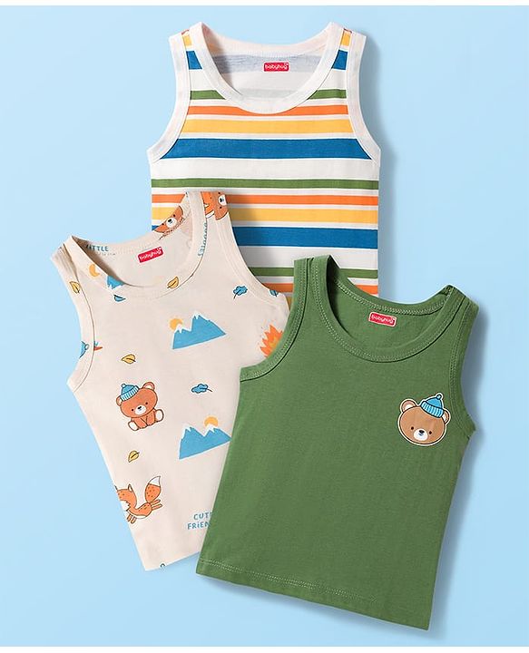 Babyhug 100% Cotton Knit Sleeveless Striped & Bear Printed   Sando Pack of 3 - Multicolor