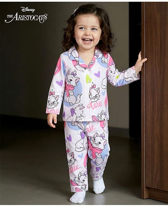 Babyhug Disney Single Jersey Knit Full Sleeves Co-ords Night Suit With Marie Graphics - White