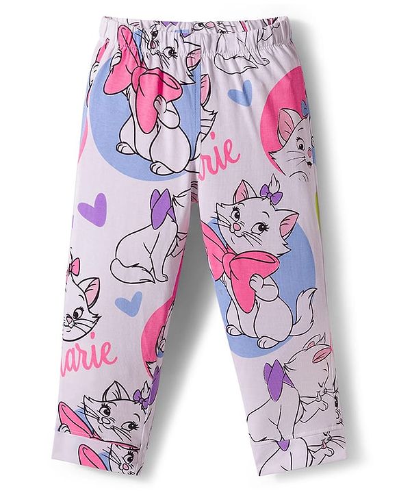 Babyhug Disney Single Jersey Knit Full Sleeves Co-ords Night Suit With Marie Graphics - White