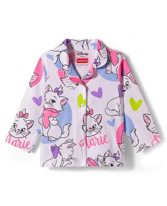 Babyhug Disney Single Jersey Knit Full Sleeves Co-ords Night Suit With Marie Graphics - White