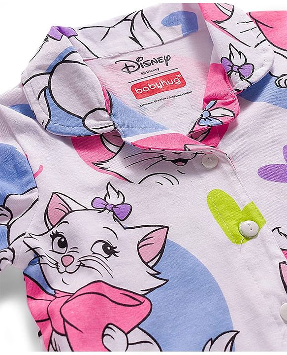 Babyhug Disney Single Jersey Knit Full Sleeves Co-ords Night Suit With Marie Graphics - White