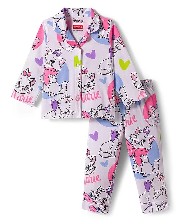 Babyhug Disney Single Jersey Knit Full Sleeves Co-ords Night Suit With Marie Graphics - White