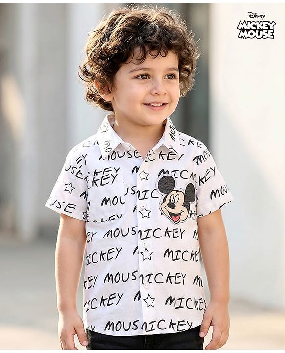 Babyhug Disney Poplin Woven Half Sleeves Shirt & With Mickey Mouse Print - White
