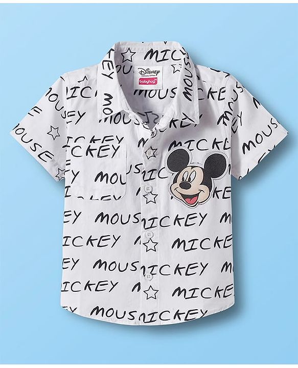 Babyhug Disney Poplin Woven Half Sleeves Shirt & With Mickey Mouse Print - White