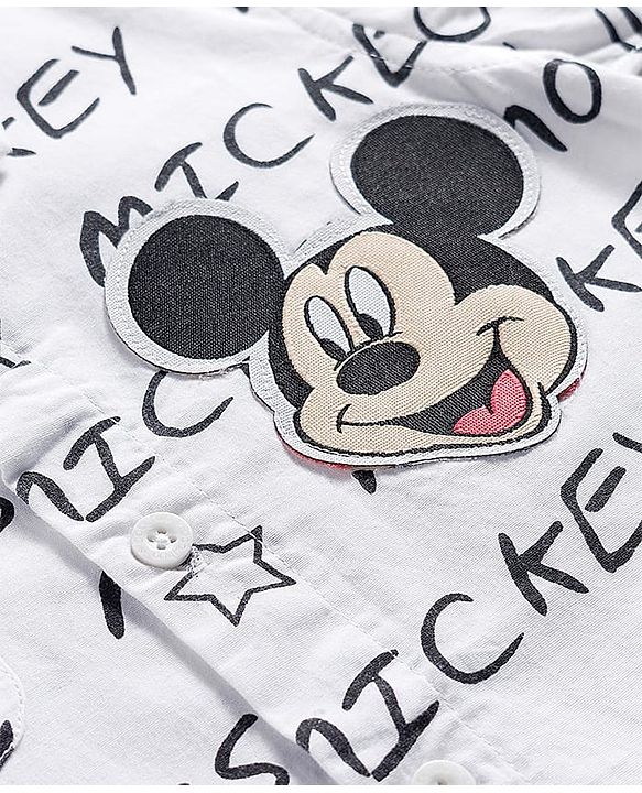 Babyhug Disney Poplin Woven Half Sleeves Shirt & With Mickey Mouse Print - White