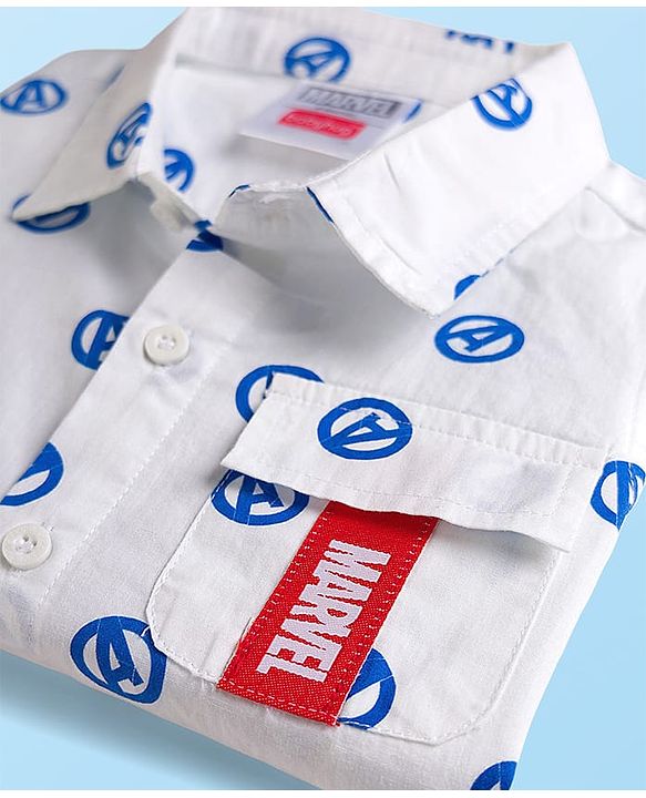 Babyhug Marvel Poplin Woven Half Sleeves Shirt With Back Avengers Graphics & Pocket Detailing - White