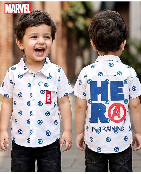 Babyhug Marvel Poplin Woven Half Sleeves Shirt With Back Avengers Graphics & Pocket Detailing - White