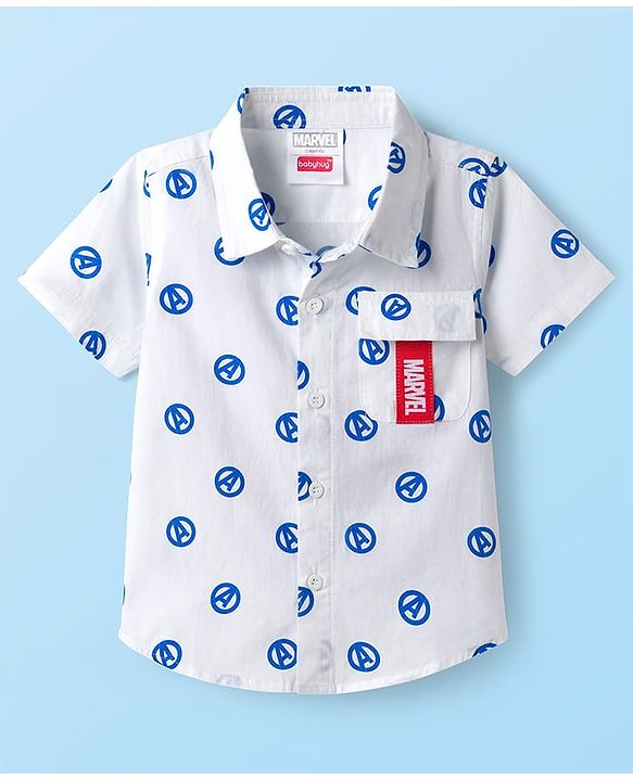Babyhug Marvel Poplin Woven Half Sleeves Shirt With Back Avengers Graphics & Pocket Detailing - White
