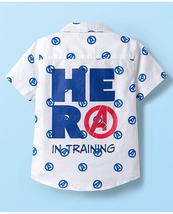 Babyhug Marvel Poplin Woven Half Sleeves Shirt With Back Avengers Graphics & Pocket Detailing - White
