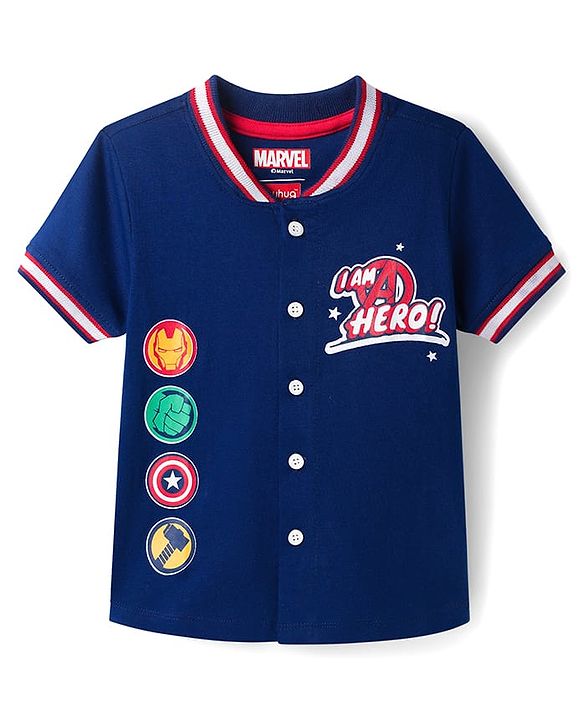 Babyhug Marvel Poplin Woven Half Sleeves Shirt With Avengers Graphics - Navy Blue