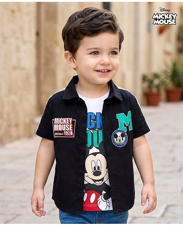 Babyhug Disney Poplin Woven Half Sleeves Shirt With T-Shirt & Mickey Mouse Graphics - Multicolor