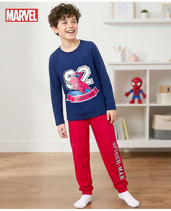 Pine Kids Marvel Single Jersey Knit Full Sleeves T-Shirt & Lounge Pant Night Suit With Spider Man Print - Navy Blue & Red
