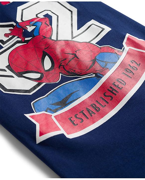 Pine Kids Marvel Single Jersey Knit Full Sleeves T-Shirt & Lounge Pant Night Suit With Spider Man Print - Navy Blue & Red