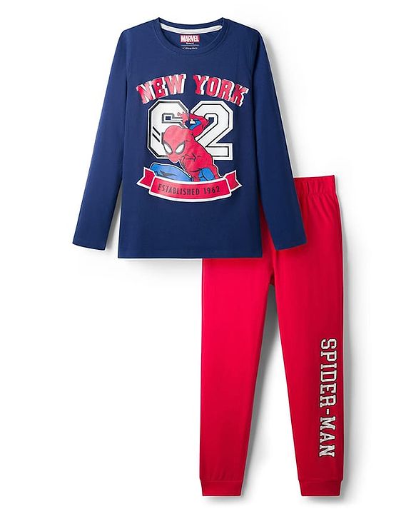 Pine Kids Marvel Single Jersey Knit Full Sleeves T-Shirt & Lounge Pant Night Suit With Spider Man Print - Navy Blue & Red