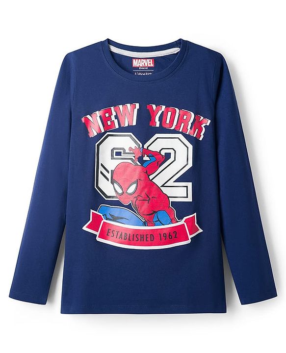 Pine Kids Marvel Single Jersey Knit Full Sleeves T-Shirt & Lounge Pant Night Suit With Spider Man Print - Navy Blue & Red