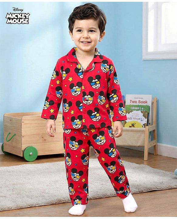 Babyhug Disney Single Jersey Knit Full Sleeves Co-ords Night Suit With Mickey Mouse Print - Red
