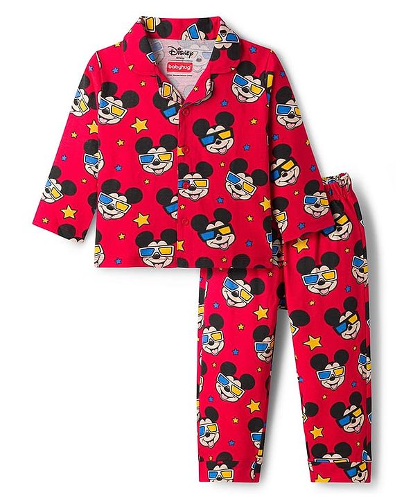 Babyhug Disney Single Jersey Knit Full Sleeves Co-ords Night Suit With Mickey Mouse Print - Red