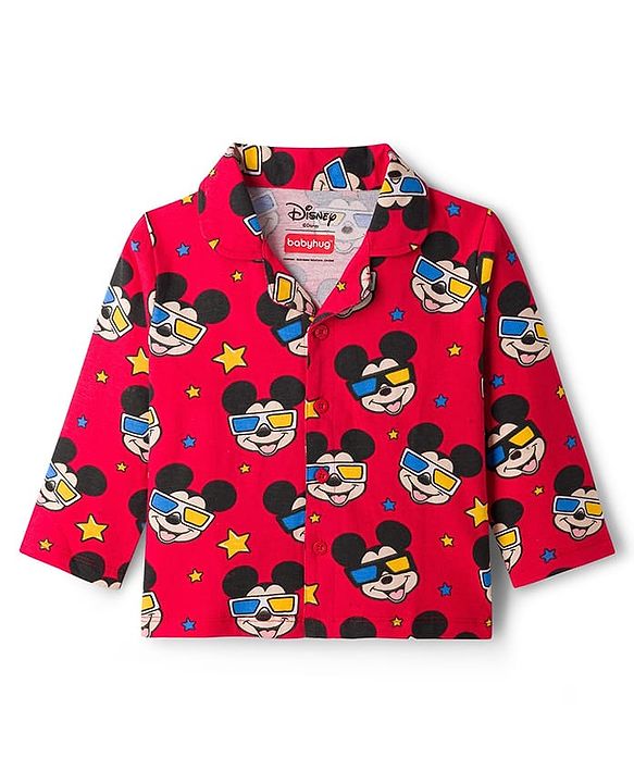 Babyhug Disney Single Jersey Knit Full Sleeves Co-ords Night Suit With Mickey Mouse Print - Red
