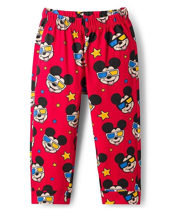 Babyhug Disney Single Jersey Knit Full Sleeves Co-ords Night Suit With Mickey Mouse Print - Red