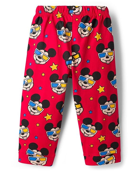 Babyhug Disney Single Jersey Knit Full Sleeves Co-ords Night Suit With Mickey Mouse Print - Red