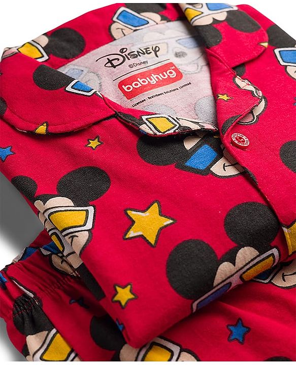 Babyhug Disney Single Jersey Knit Full Sleeves Co-ords Night Suit With Mickey Mouse Print - Red