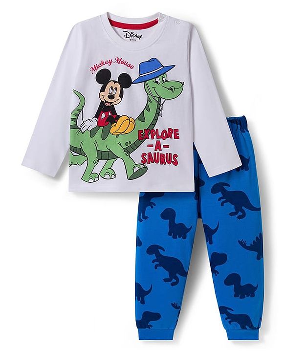 Babyhug Disney Single Jersey Knit Full Sleeves Night Suit With Mickey & Dino Graphics - White & Blue