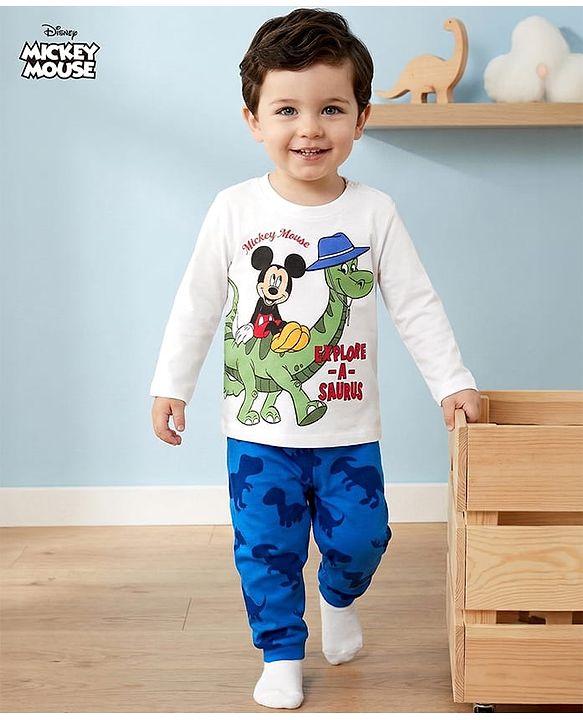 Babyhug Disney Single Jersey Knit Full Sleeves Night Suit With Mickey & Dino Graphics - White & Blue