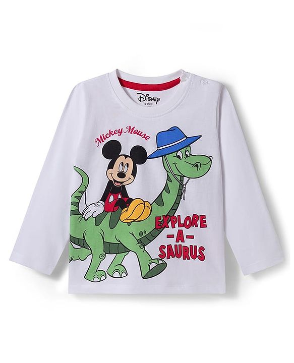 Babyhug Disney Single Jersey Knit Full Sleeves Night Suit With Mickey & Dino Graphics - White & Blue