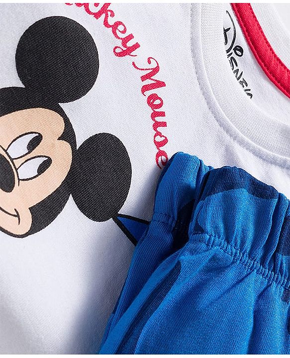 Babyhug Disney Single Jersey Knit Full Sleeves Night Suit With Mickey & Dino Graphics - White & Blue