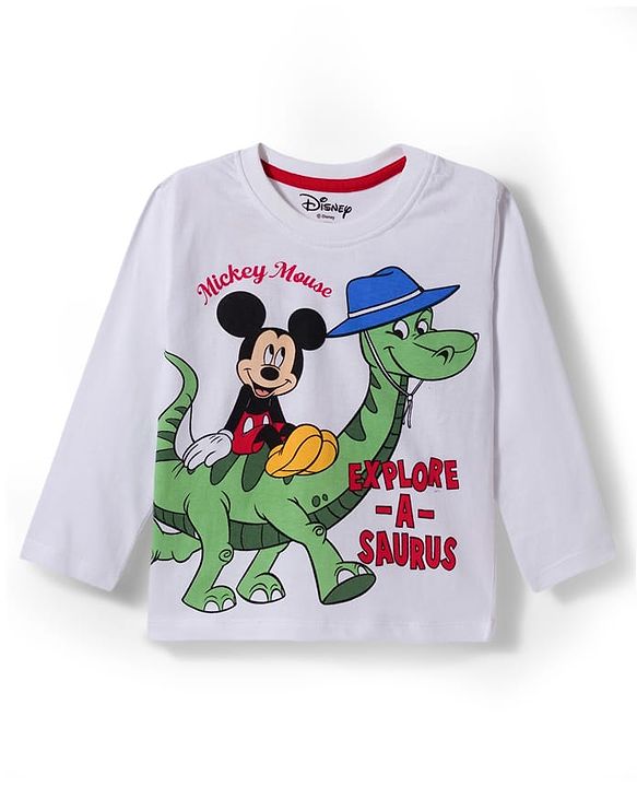 Babyhug Disney Single Jersey Knit Full Sleeves Night Suit With Mickey & Dino Graphics - White & Blue