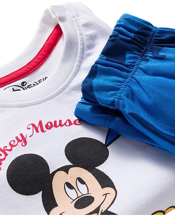 Babyhug Disney Single Jersey Knit Full Sleeves Night Suit With Mickey & Dino Graphics - White & Blue