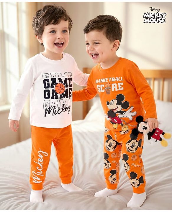 Babyhug Disney Single Jersey Knit Full Sleeves T-Shirts & Pyjamas Night Suits With Mickey Mouse Graphics Pack of 2 - Multicolor
