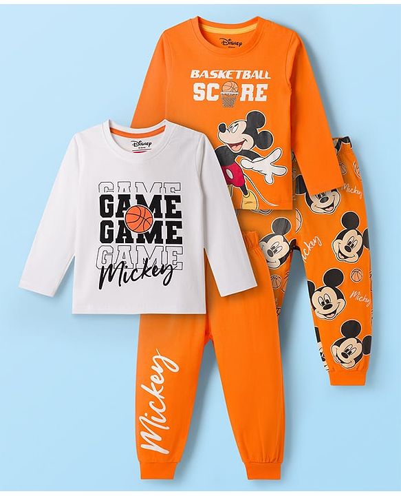 Babyhug Disney Single Jersey Knit Full Sleeves T-Shirts & Pyjamas Night Suits With Mickey Mouse Graphics Pack of 2 - Multicolor