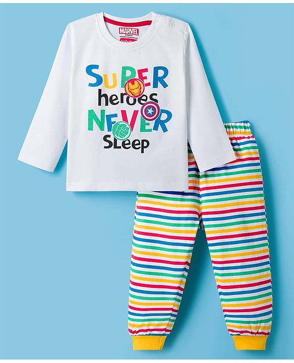 Babyhug Marvel Single Jersey Knit Full Sleeves T-Shirt & Pyjama Night Suit With Avengers Graphics - Multicolor
