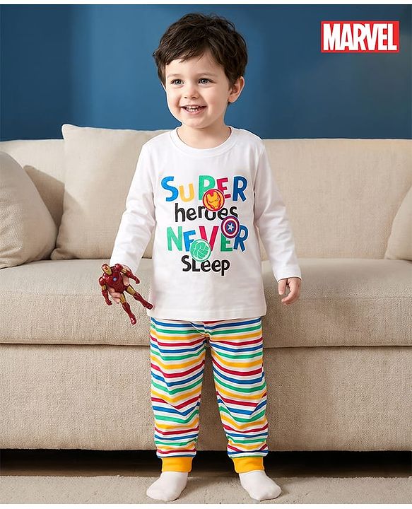 Babyhug Marvel Single Jersey Knit Full Sleeves T-Shirt & Pyjama Night Suit With Avengers Graphics - Multicolor