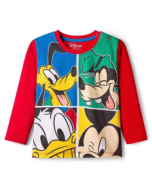 Babyhug Disney Single Jersey Knit Full Sleeves T-Shirt & Pyjama Night Suit With Mickey & Friends Graphics - Red