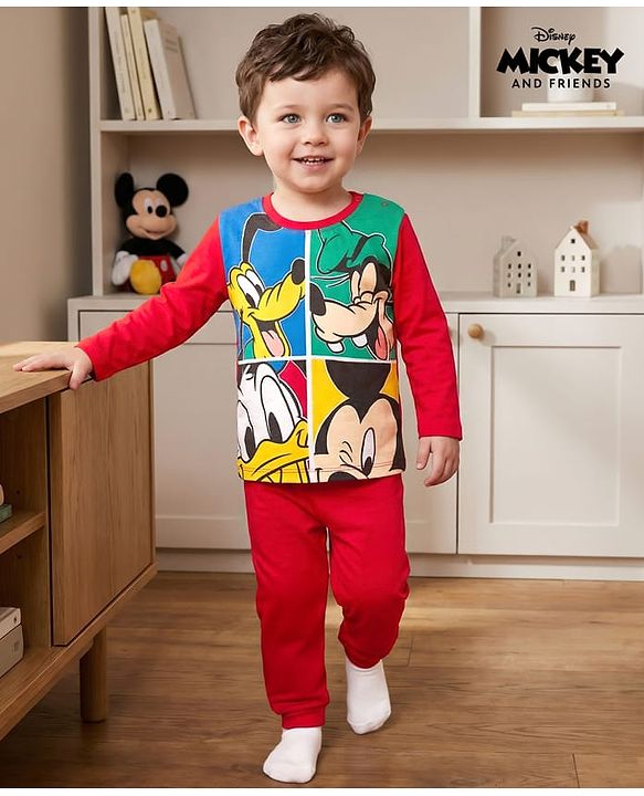 Babyhug Disney Single Jersey Knit Full Sleeves T-Shirt & Pyjama Night Suit With Mickey & Friends Graphics - Red