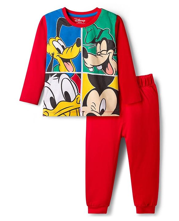 Babyhug Disney Single Jersey Knit Full Sleeves T-Shirt & Pyjama Night Suit With Mickey & Friends Graphics - Red