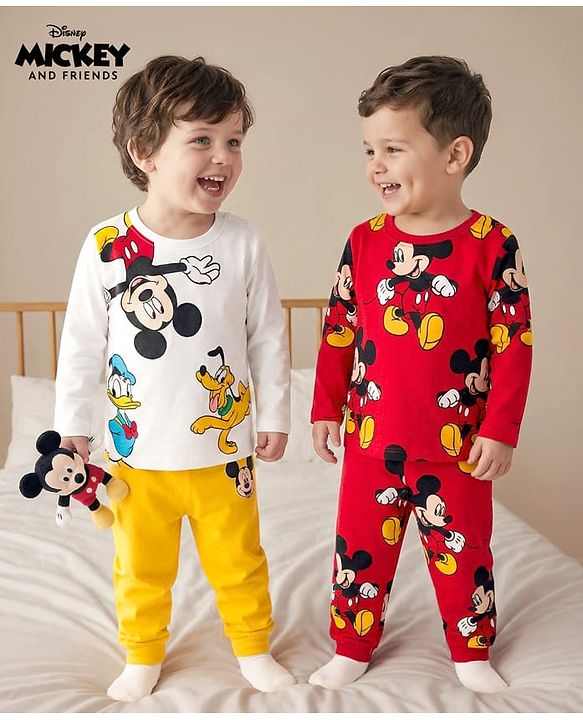 Babyhug Disney Single Jersey Knit Full Sleeves T-Shirt & Pyjama Co-ord Night Suits With Mickey Mouse Graphics Pack of 2 - Multicolor