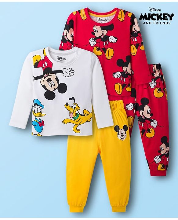 Babyhug Disney Single Jersey Knit Full Sleeves T-Shirt & Pyjama Co-ord Night Suits With Mickey Mouse Graphics Pack of 2 - Multicolor